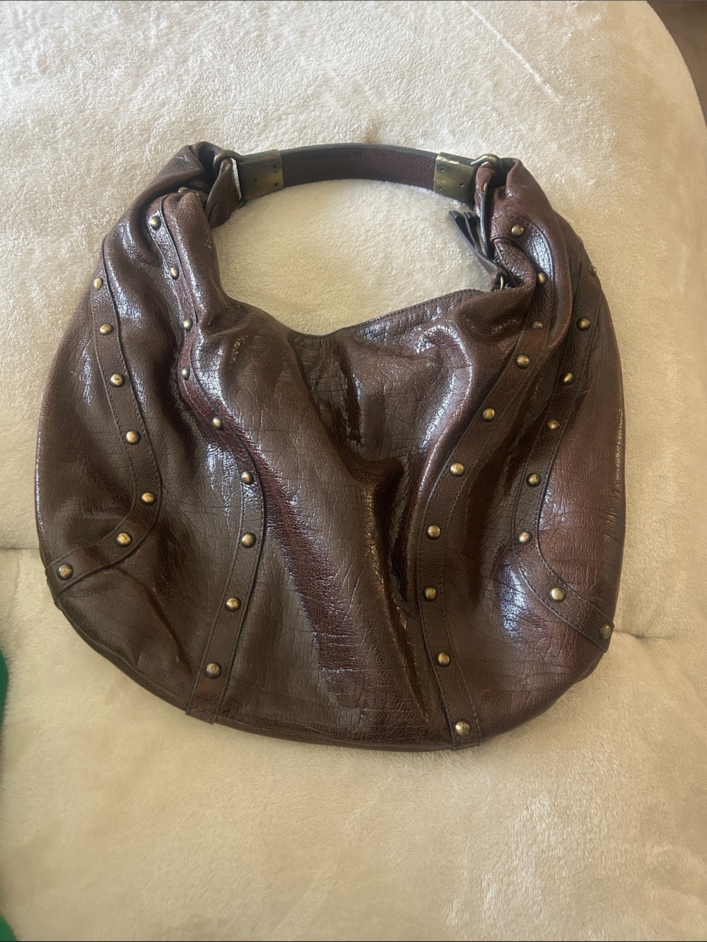 Stuart Weitzman Brown Studded Leather Hobo Shoulder Bag